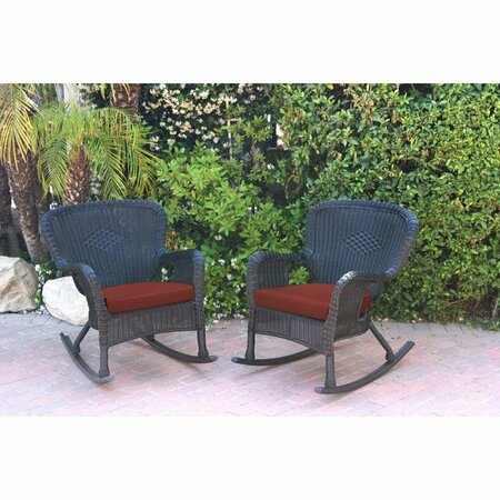 JECO W00214-R-2-FS018 Windsor Black Resin Wicker Rocker Chair with Red Cushion, 2PK W00214-R_2-FS018